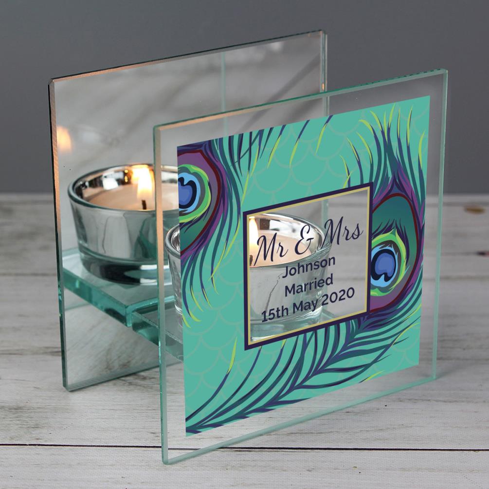 Personalised Peacock Mirrored Glass Tea Light Candle Holder Extra Image 3